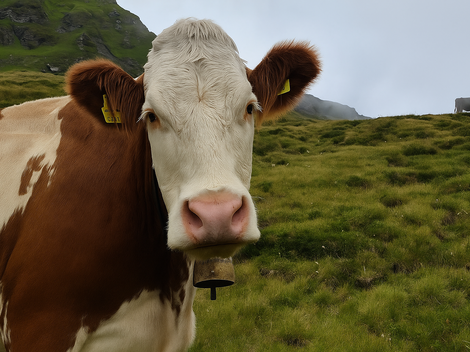 A cow is standing on a green meadow. In the background, more cows and gentle hills can be seen.