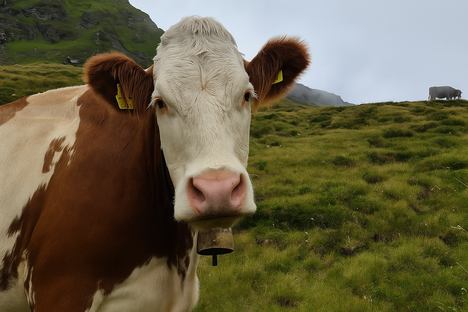 A cow is standing on a green meadow. In the background, more cows and gentle hills can be seen.
