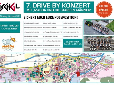 Ein Werbeplakat für das 7. Drive By Konzert mit Magda und die starken Männer. Es enthält Informationen zu Datum, Uhrzeit und Veranstaltungsort sowie eine Karte der Umgebung.
