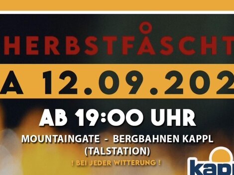 A flyer for the autumn festival on September 12, 2026. The event takes place starting at 7:00 p.m. at the valley station of the Kappl mountain railways.