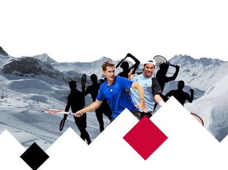 A group of six tennis players poses in front of a snow-covered mountain landscape. They are showcasing different gameplay scenes and enjoying the activity.