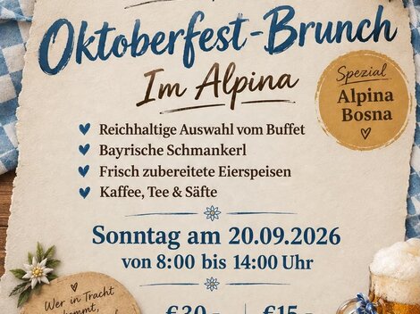 An inviting poster for an Oktoberfest brunch at Hotel Alpina. It showcases a lavish buffet, Bavarian specialties, and the details for the event on September 20, 2026.