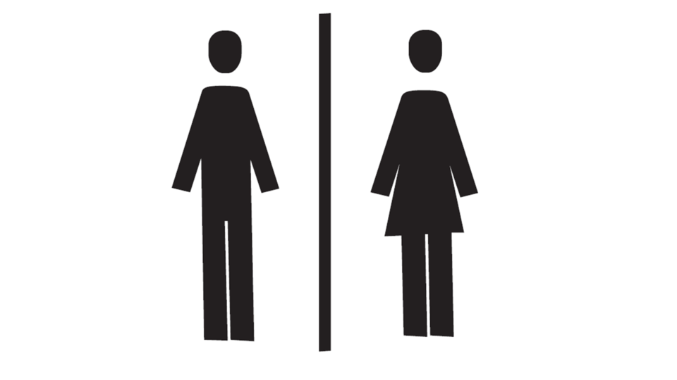 A symbol for men's and women's restrooms. On the left side, there is a male figure and on the right side, a female figure.