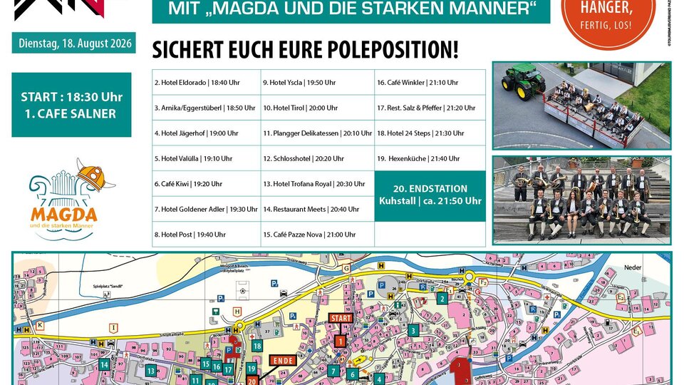 A detailed event poster for the "7th Drive By Concert" in Ischgl. It contains information on date, start time, and a program, as well as an overview of the event.