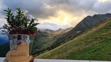 Ein schöner Blick auf die Berge mit einer Wolkenformation am Himmel. Im Vordergrund steht ein Pflanzentopf auf einem Holzgeländer.