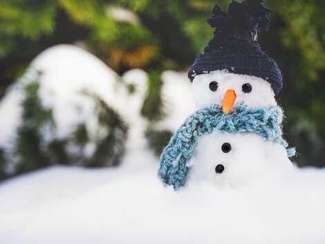 Ein freundlicher Schneemann mit einem blauen Schal und einer Mütze steht im Schnee. Hinter ihm sind grüne Tannenzweige sichtbar.