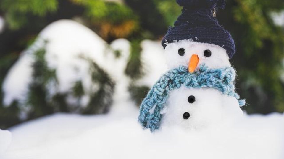 A friendly snowman with a blue scarf and a hat stands in the snow. Behind him, green spruce branches are visible.