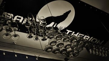 Eine Bar mit einem Wolf-Logo und einer Reihe von Gläsern, die auf einem Regal angeordnet sind. Die Atmosphäre ist dunkel und stilvoll.
