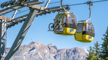 Eine Seilbahn mit gelben Gondeln fährt über die Bäume. Im Hintergrund sind majestätische Berge und ein blauer Himmel zu sehen.