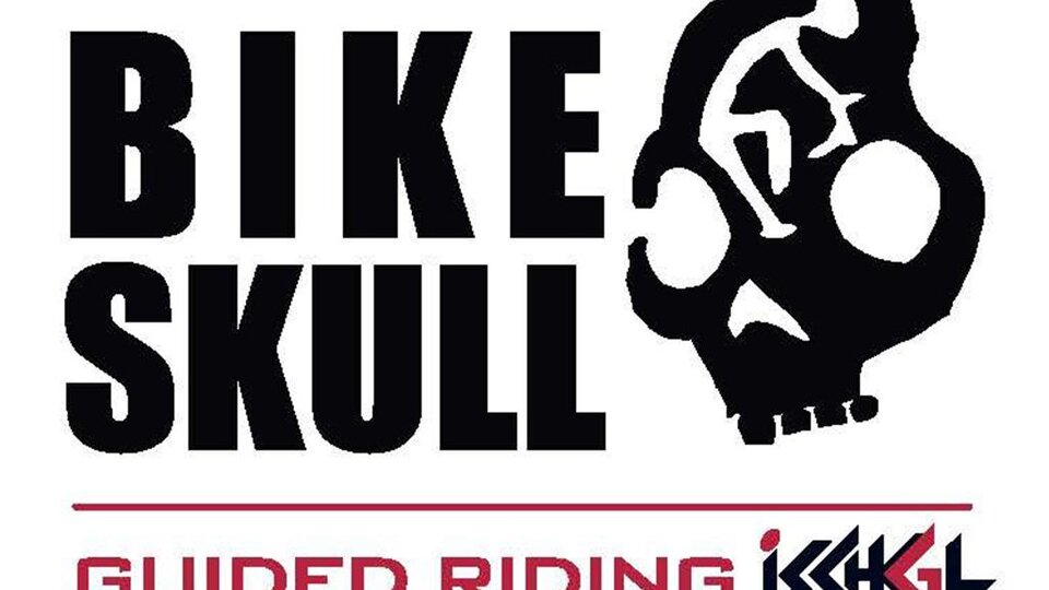 A logo with the inscription "Bike Skull" and a graphic representation of a cyclist on a skull. Below it says "Guided Riding Ischgl".
