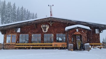 Eine traditionelle Berghütte aus Holz, umgeben von Schnee und Tannenbäumen. Der Himmel ist grau und es schneit leicht.