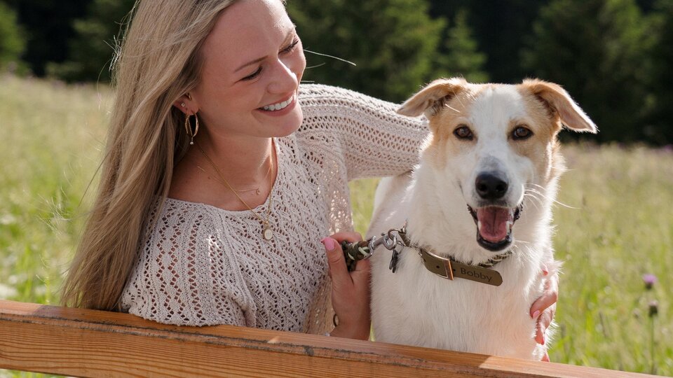 Eine Frau sitzt auf einer Bank und lächelt glücklich zu ihrem Hund. Der Hund schaut fröhlich zurück, umgeben von einer schönen, natürlichen Landschaft.