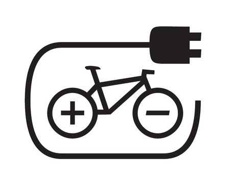 Ein Symbol für ein Elektrofahrrad mit einem Ladeanschluss. Es zeigt ein Fahrrad mit einem Plus- und Minuszeichen sowie einem Kabel.