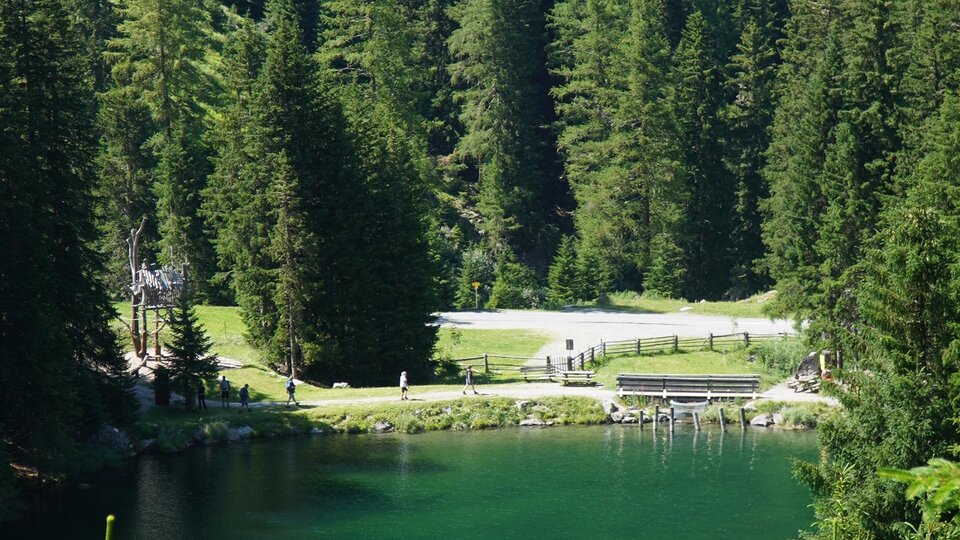 Ein ruhiger See umgeben von dichten Wäldern. Im Hintergrund sind Spaziergänger und eine grüne Wiese zu sehen.