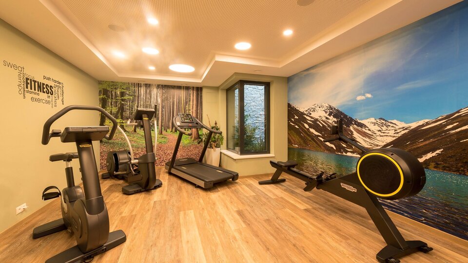 Ein modernes Fitnessstudio mit verschiedenen Trainingsgeräten. Die Wände sind mit einem schönen Naturmotiv dekoriert.