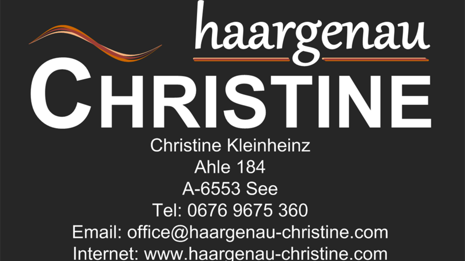 A business card with the contact details of Christine Kleinheinz. It displays the name "haargenaus" and includes address, telephone, email, and website.