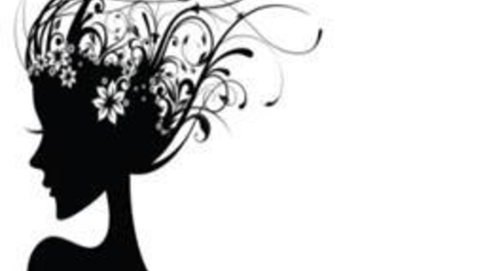 Ein stilvolles Friseursalon-Logo zeigt das Profil einer Frau mit kunstvollem Haar. Der Text betont die Dienstleistungen für Damen, Herren und Kinder.