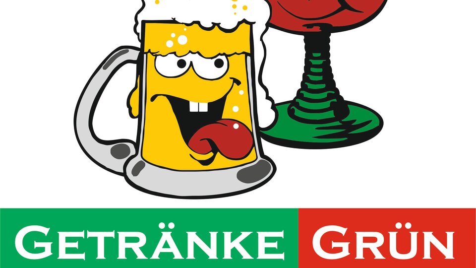 Zwei fröhliche Getränke-Charaktere, ein Bierkrug und ein Cocktailglas, lächeln. Der Hintergrund enthält den Text "Getränke Grün" in auffälligen Farben.