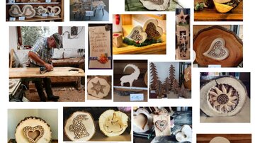 Eine Collage von handgefertigten Holzdekorationen, darunter Herzen, Sterne und verschiedene Figuren. Im Hintergrund sind Handwerker bei der Arbeit zu sehen.
