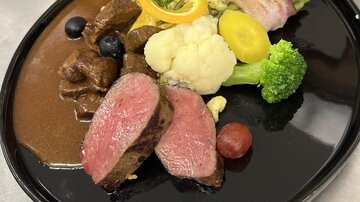 Ein kunstvoll angerichteter Teller mit zartem Fleisch, Gemüse und verschiedenen Beilagen. Die Farben und Texturen sorgen für einen appetitlichen Eindruck.