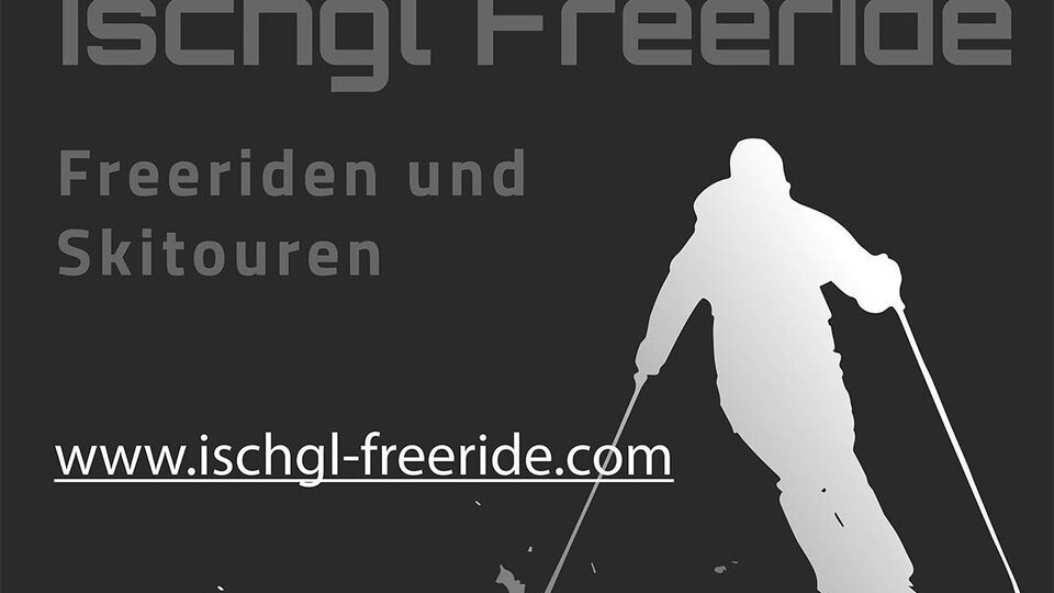 Eine stilisierte Silhouette eines Skifahrers beim Freeriden. Der Hintergrund ist schwarz, mit dem Text "Ischgl Freeride" und der Webseite.