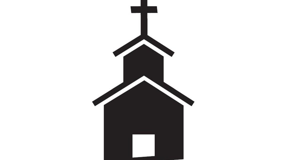 Eine einfache schwarze Silhouette einer Kirche mit einem Kreuz auf dem Dach. Die Struktur hat ein klassisches Design mit einem rechteckigen Eingang.
