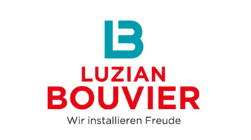 A modern logo with the letters "LB" in blue and red. Below is the inscription "Luzian Bouvier" and the slogan "We install joy."