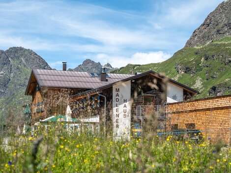 A rustic house surrounded by green mountains and colorful meadow flowers. In the foreground, there are blooming meadows, and in the background, majestic mountains are visible.