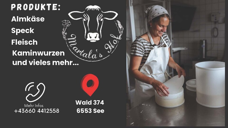 Ein einladender Hofladen in den Alpen mit verschiedenen Produkten wie Käse und Fleisch. Die Collage zeigt die idyllische Landschaft und die freundlichen Menschen, die dort arbeiten.
