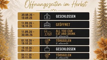 Ein Flyer mit den Öffnungszeiten des Restaurants Mountaingarage im Herbst. Er zeigt verschiedene Veranstaltungen und Tage mit geschlossenen oder geöffneten Zeiten.