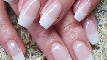 Schöne, gepflegte Fingernägel mit einer weißen French-Tip-Maniküre. Die Nägel sind lang und glänzend.