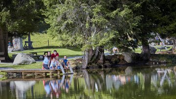 Eine Gruppe von Menschen sitzt am Ufer eines ruhigen Teiches, umgeben von grünen Bäumen. Das Wasser spiegelt die Landschaft und die Gruppe wider.