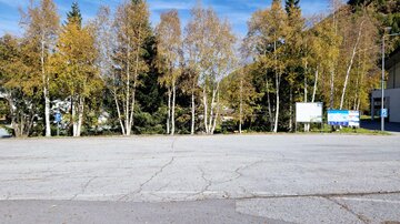 An empty asphalt area with autumn trees in the background. Next to the trees, there are information signs.