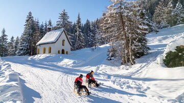 Two people are riding a sled down a snowy path. In the background, a charming white house and snow-covered trees can be seen.