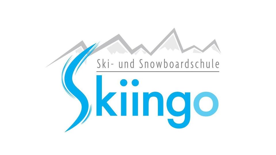 A logo of the ski and snowboard school "Skiiingo". It features stylized mountains and the lettering in blue.