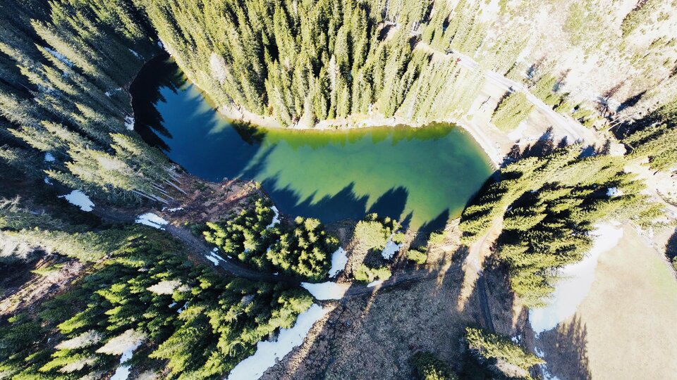 A picturesque lake surrounded by dense coniferous trees. The clear water surface reflects nature.