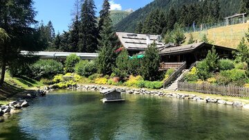 Ein idyllischer Teich umgeben von grünen Bäumen und einer bergigen Landschaft. Im Hintergrund ist ein Holzhaus zu sehen, das harmonisch in die Natur integriert ist.