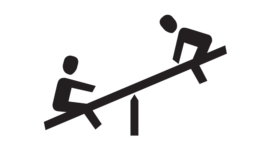Two figures on a seesaw balancing each other. The seesaw is on a stable post.