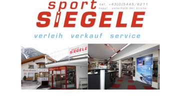 Ein Sportgeschäft mit dem Namen "Sport Siegele". Es bietet Verleih, Verkauf und Service für Sportartikel an.