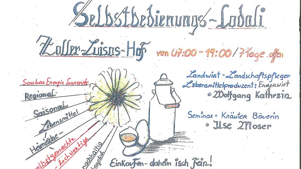 A handwritten flyer for a self-service restaurant called Zollner-Zuisn-Hof. It highlights regional, seasonal products and seminars, with opening hours from 07:00 AM to 07:00 PM.