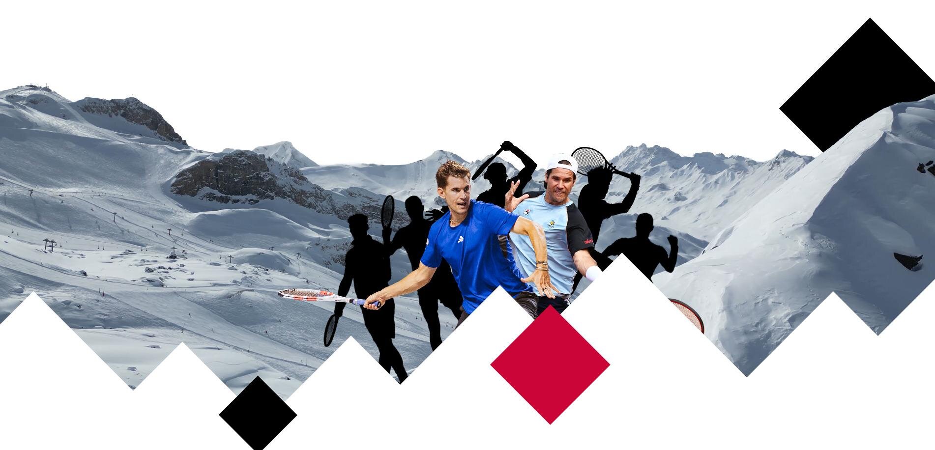 A group of six tennis players poses in front of a snow-covered mountain landscape. They are showcasing different gameplay scenes and enjoying the activity.