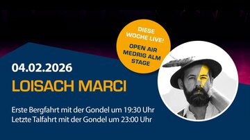 A poster for the event "Medrig Night Fever" in See on 04.02.2026. It features information about concerts, laser shows, and other events, as well as the image of a man.
