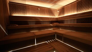 Eine moderne Sauna mit warmem Holz und sanfter Beleuchtung. Die Bänke sind gemütlich und einladend für Entspannung.