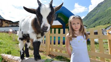 A girl is standing next to a small goat in a meadow. In the background, mountains and a playground are visible.