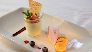 An elegant dessert plate with a portion of panna cotta, decorated with fresh fruits and mint. Next to the panna cotta are slices of banana and blueberries.