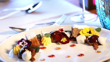 An artistically arranged dessert plate with various chocolate elements, cream, and edible flowers. The colors and arrangements are appealing and enticing.