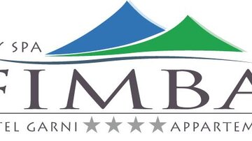 A logo of the Sky Spa Fimba featuring stylized mountains in blue and green. The name and stars classify the hotel garni and apartment.