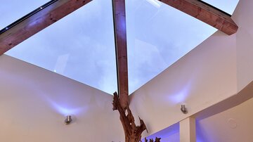 A modern interior with a unique wooden ceiling structure. A sculptural element is located in the foreground, while the sky is visible through a skylight.