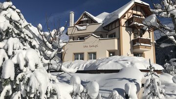 A charming house in winter, surrounded by snow-covered trees. The bright blue sky creates an enchanting atmosphere.