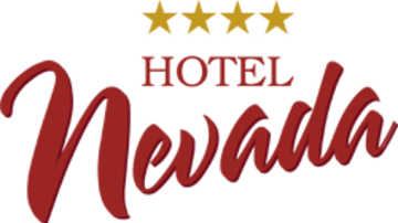 The logo of Hotel Nevada with four golden stars. The lettering is designed in striking red.